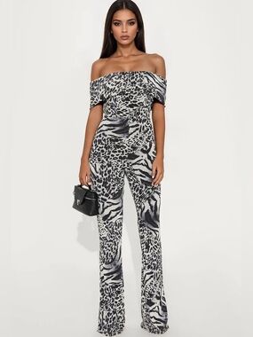 Fashion Nova Off-Shoulder Animal Print Jumpsuit - Black & White